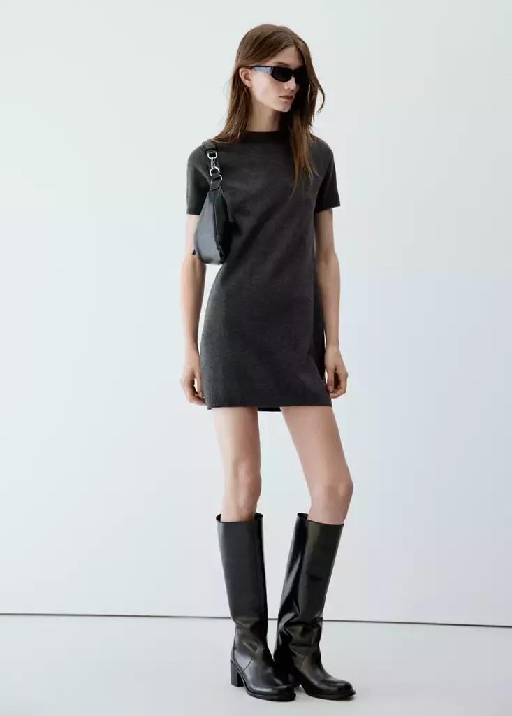 Grey Short-Sleeved Knitted Dress, Charcoal, large image number 0