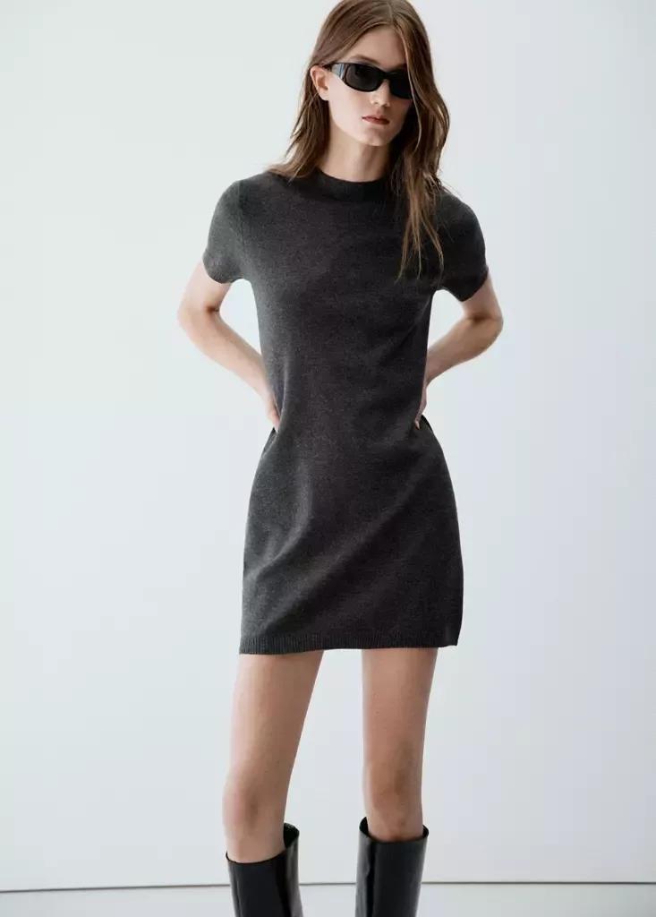 Grey Short-Sleeved Knitted Dress, Charcoal, medium