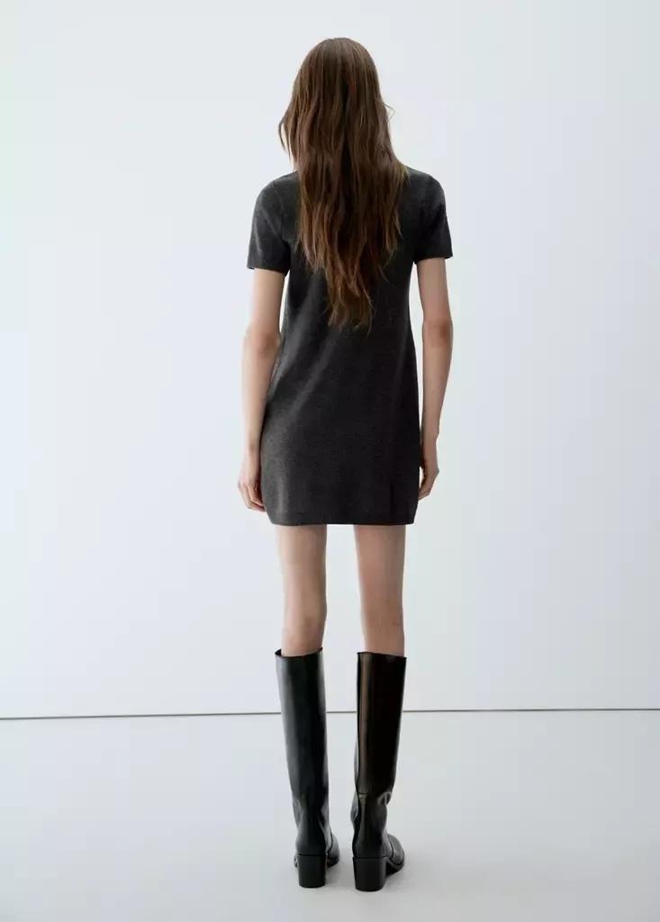 Grey Short-Sleeved Knitted Dress, Charcoal, large image number 2