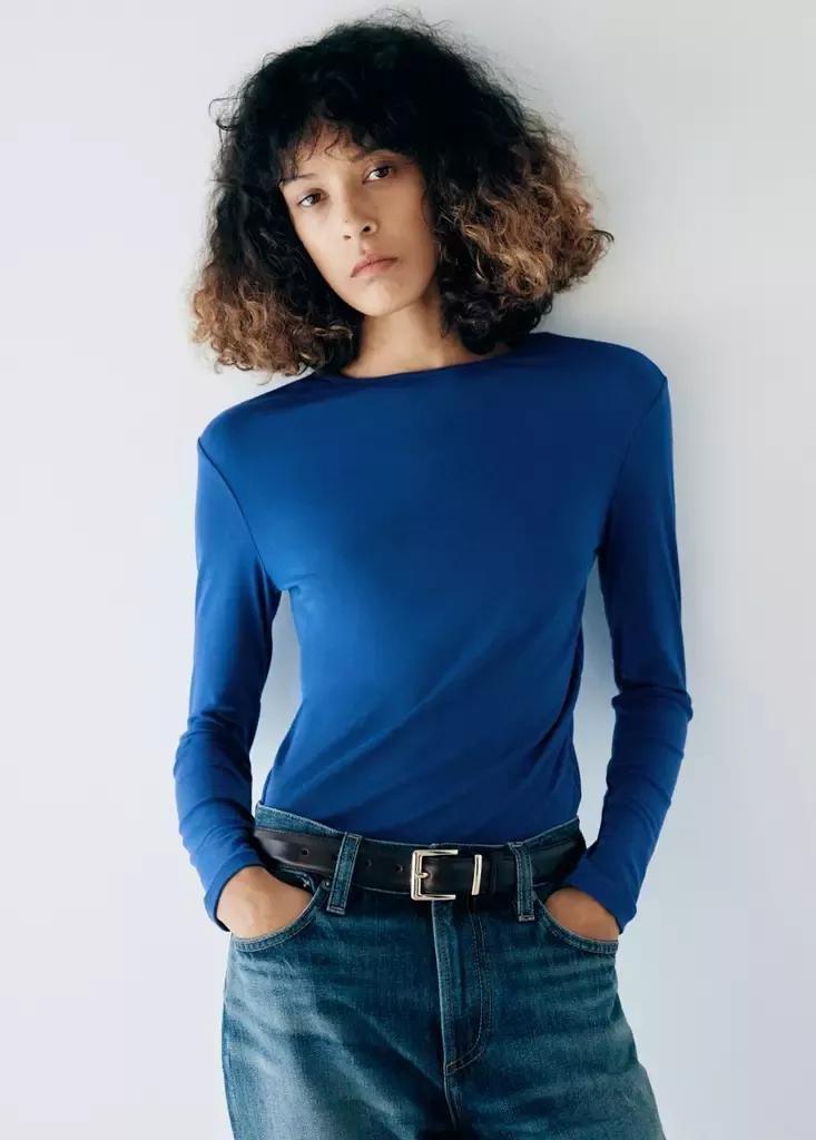 Blue Long-Sleeved Fitted T-Shirt, Medium Blue, large image number 1