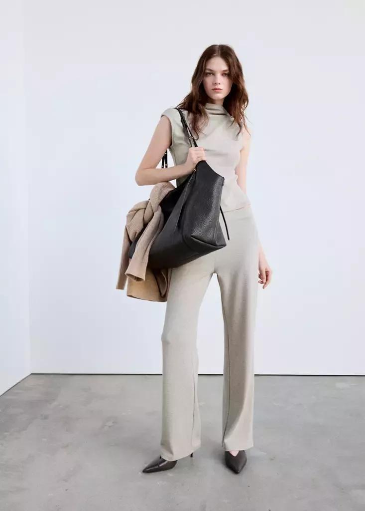 Beige Ribbed Straight-Leg Trousers, Light Pastel Brown, large image number 0