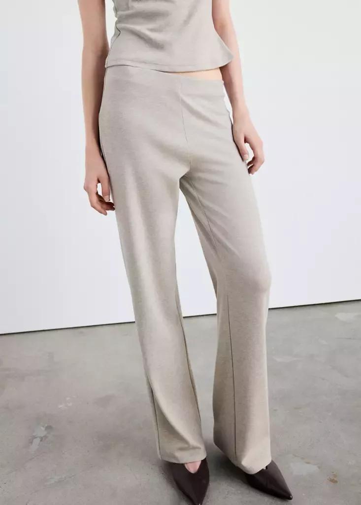 Beige Ribbed Straight-Leg Trousers, Light Pastel Brown, large image number 1