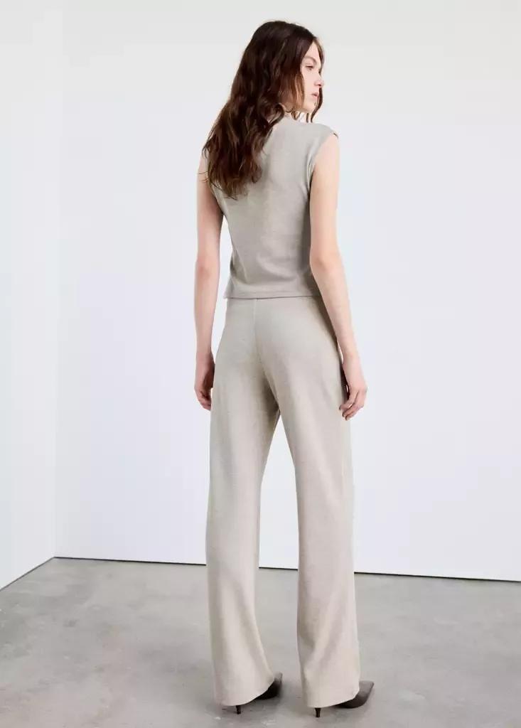 Beige Ribbed Straight-Leg Trousers, Light Pastel Brown, medium