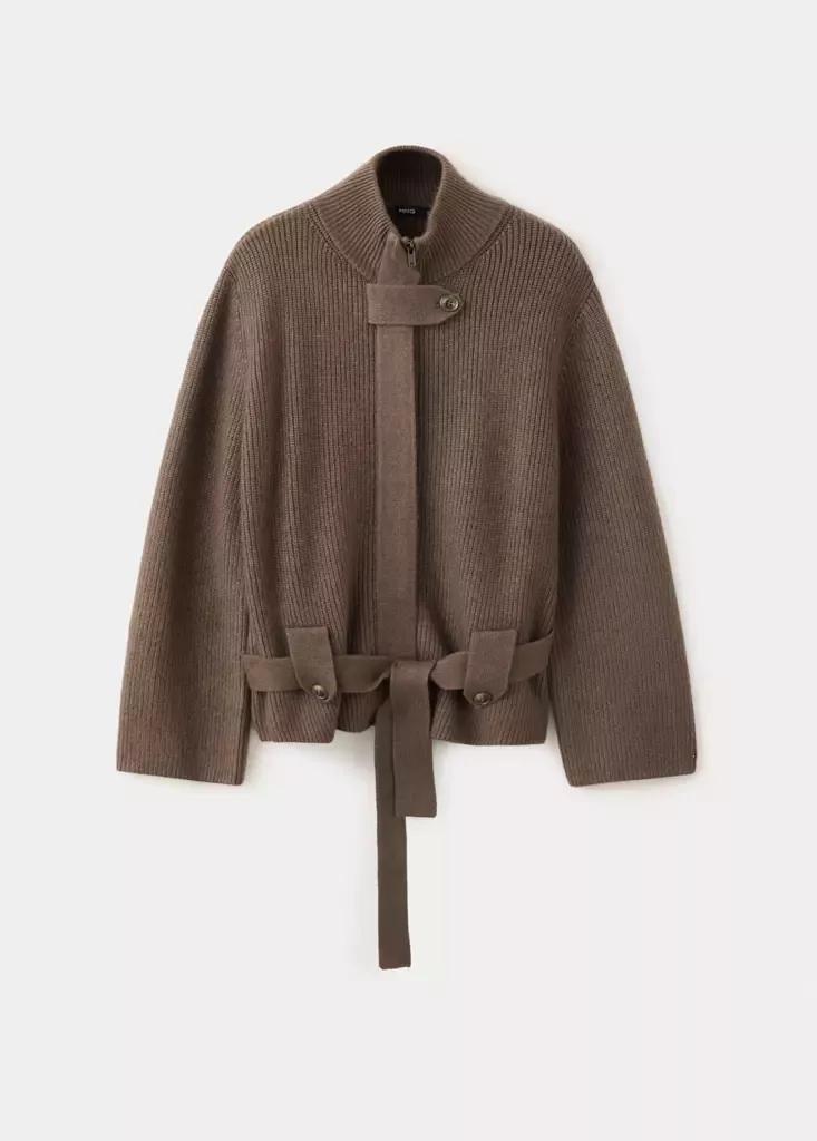 Brown Knitted Jacket With Belt, Dark Brown, large image number 5
