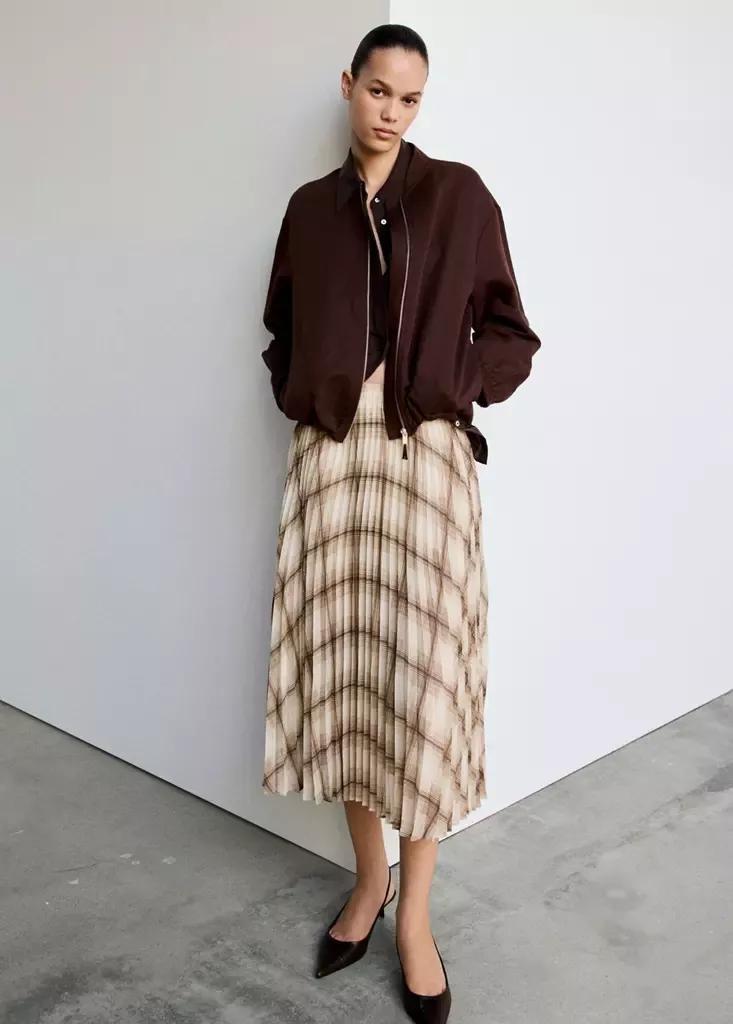 Brown Checked Pleated Skirt, Brown, medium