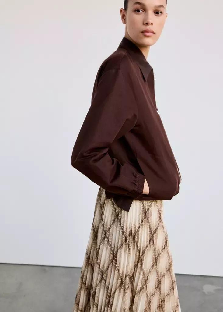 Brown Checked Pleated Skirt, Brown, medium