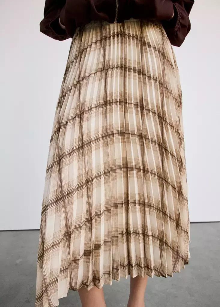 Brown Checked Pleated Skirt, Brown, large image number 3