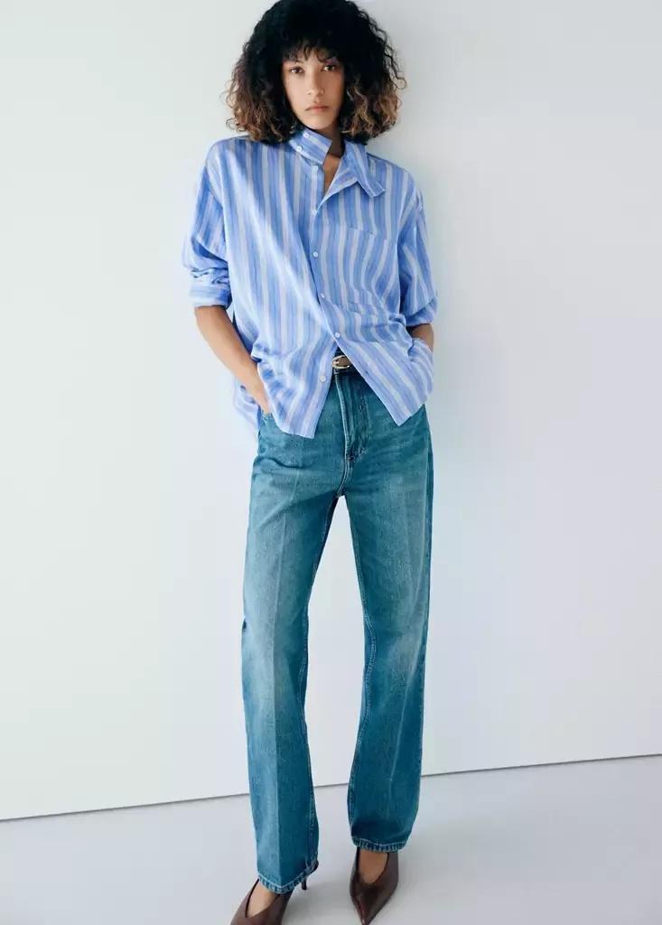 Blue Striped Shirt With Stand-Up Collar, Medium Blue, large image number 0