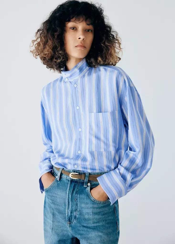 Blue Striped Shirt With Stand-Up Collar, Medium Blue, large image number 1
