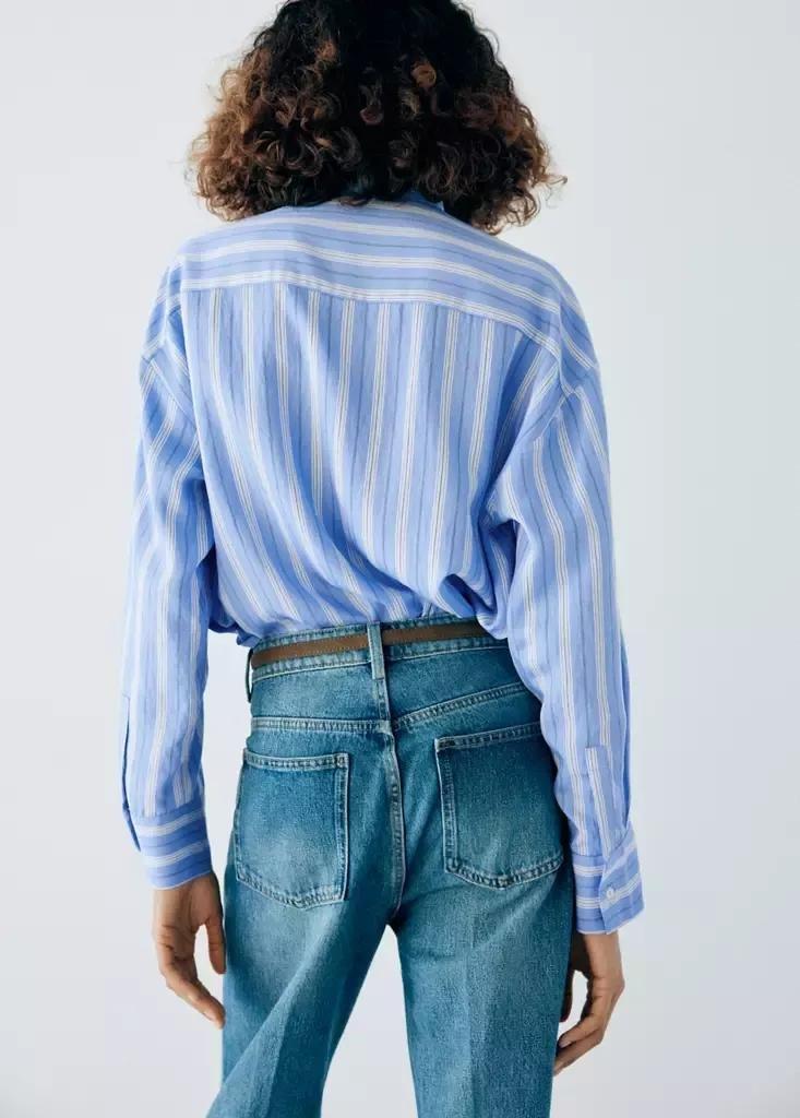 Blue Striped Shirt With Stand-Up Collar, Medium Blue, large image number 2
