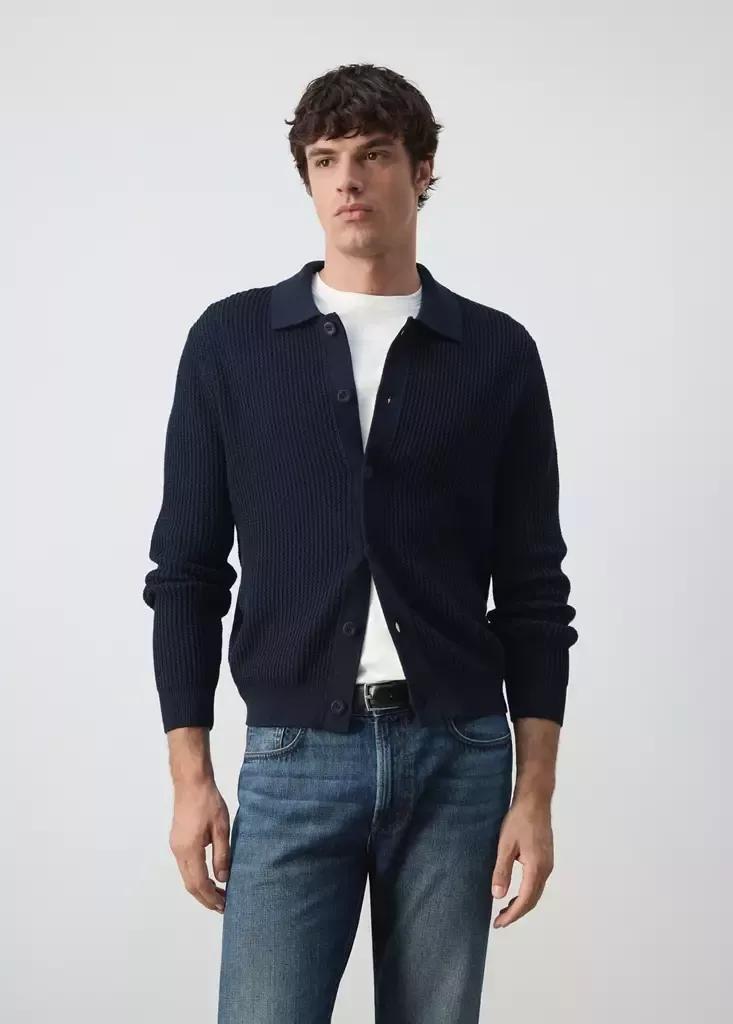 Navy Ribbed Knitted Cardigan, Navy, medium