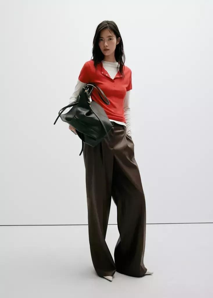 Brown Wide Leg Faux-Leather Trousers, Medium Brown, large image number 0