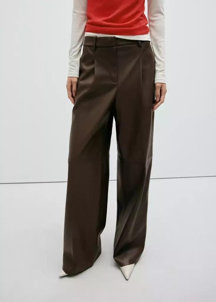 Brown Wide Leg Faux-Leather Trousers, Medium Brown, large image number 1