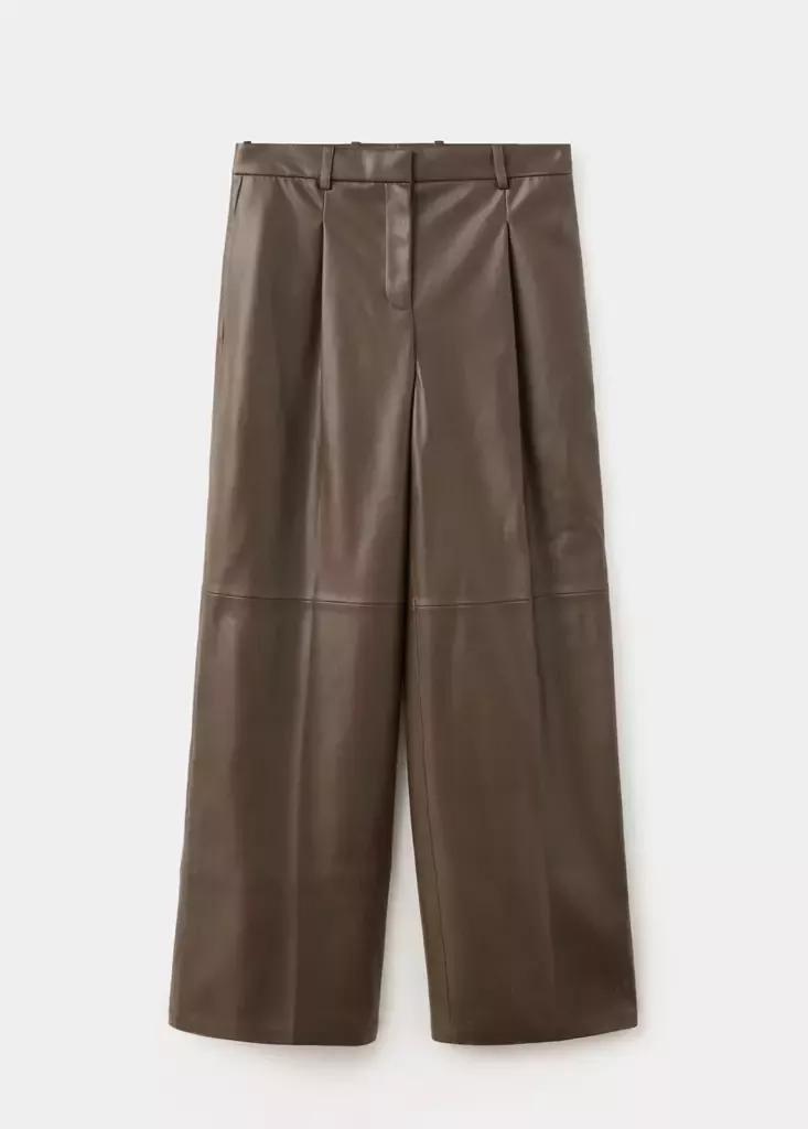 Brown Wide Leg Faux-Leather Trousers, Medium Brown, large image number 4