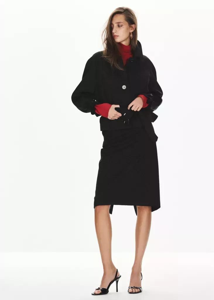 Black Shirt-Collar Jacket With Belt, Black, large image number 0