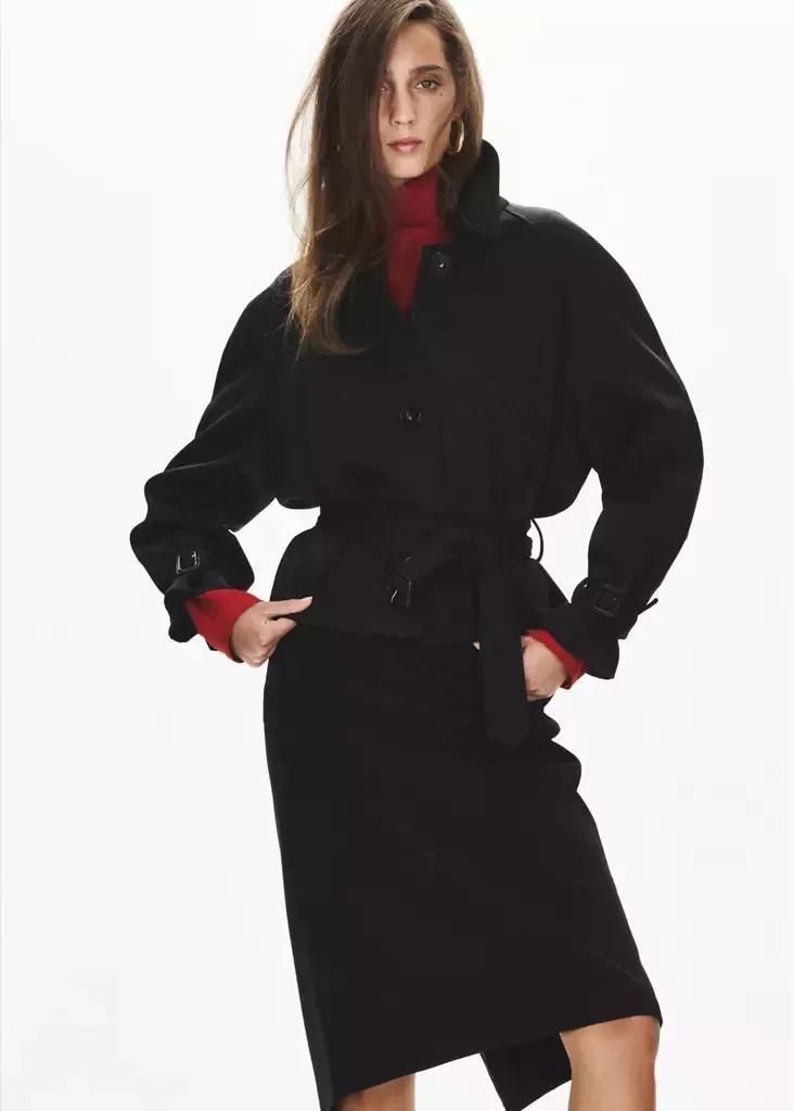 Black Shirt-Collar Jacket With Belt, Black, medium