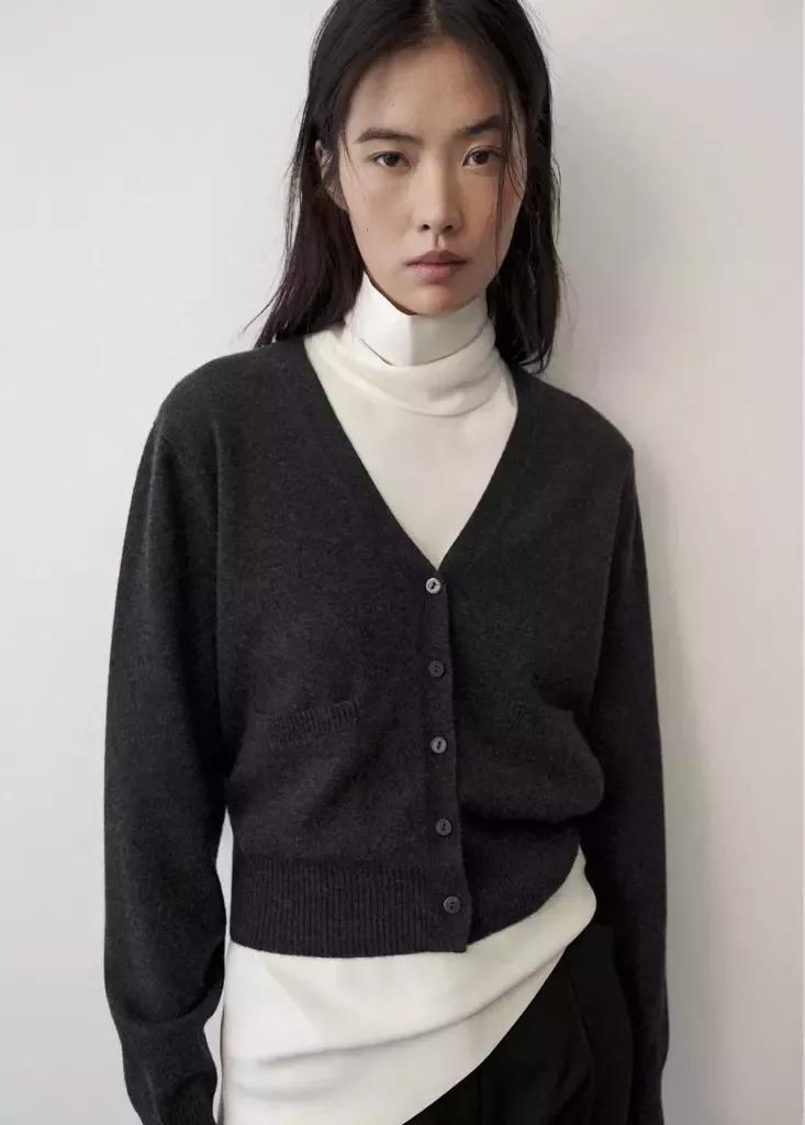 Grey Wool V-Neck Cardigan, Charcoal, large image number 1