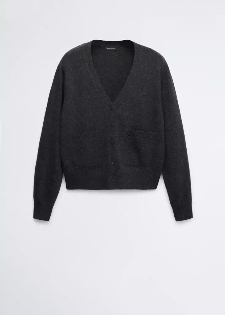 Grey Wool V-Neck Cardigan, Charcoal, large image number 3