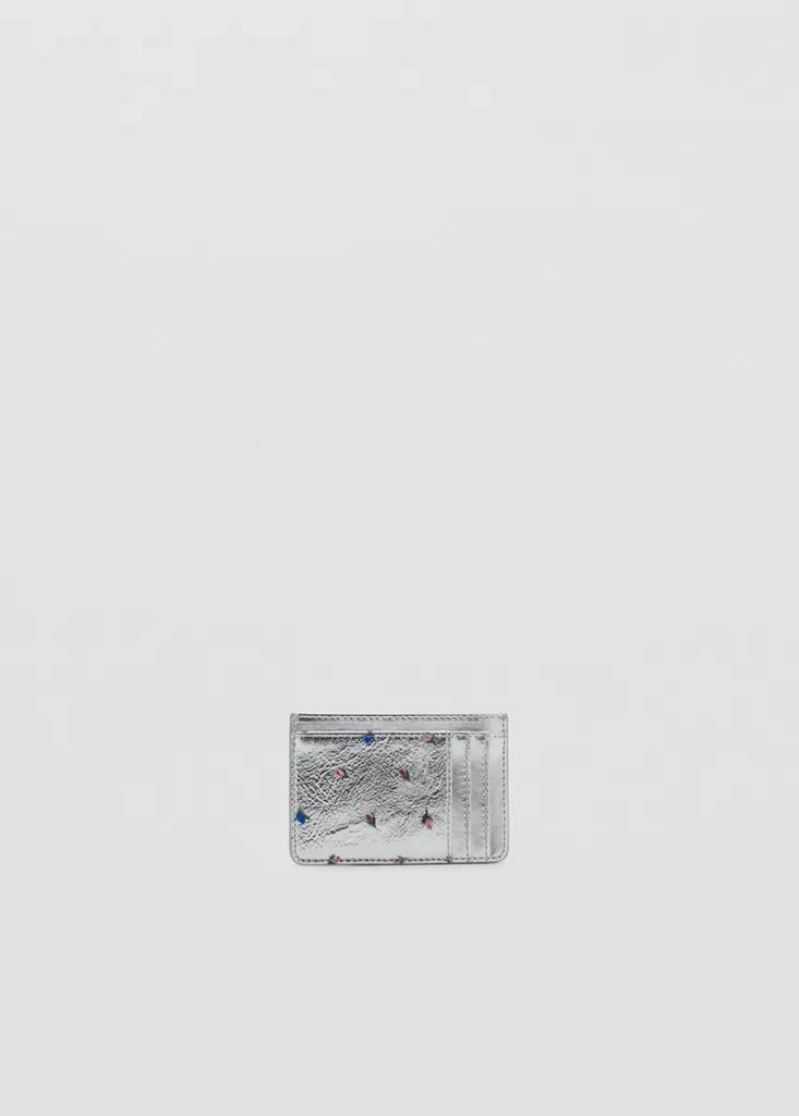 Silver Metallic-Effect Floral Print Card Holder, Silver, medium