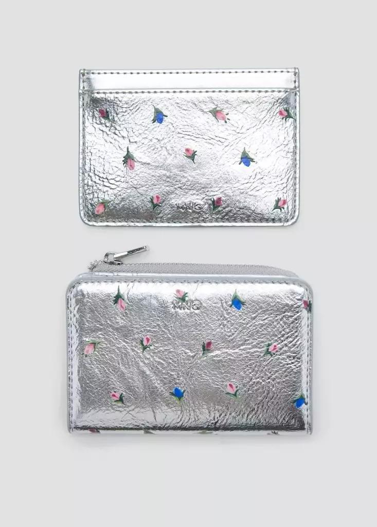 Silver Metallic-Effect Floral Print Card Holder, Silver, large image number 3