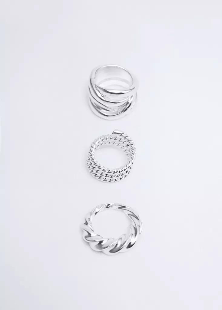 Silver Pack Of 3 Irregularly Shaped Rings, Silver, large image number 1