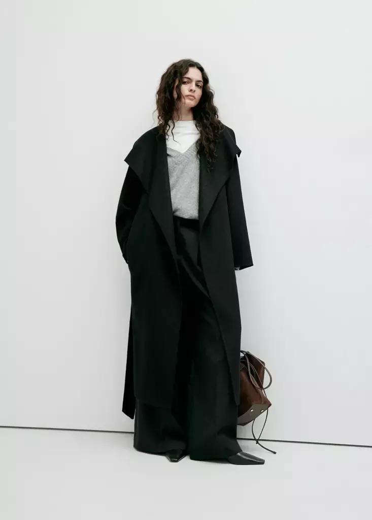 Black Handmade Wool Coat With Belt, Black, large image number 0