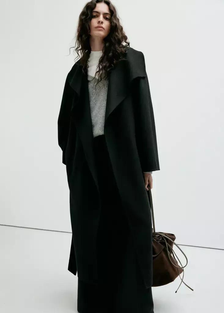 Black Handmade Wool Coat With Belt, Black, medium