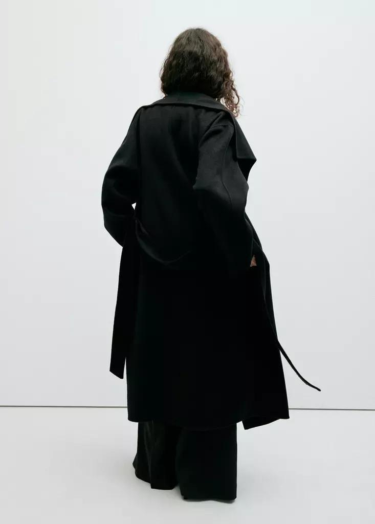 Black Handmade Wool Coat With Belt, Black, large image number 2