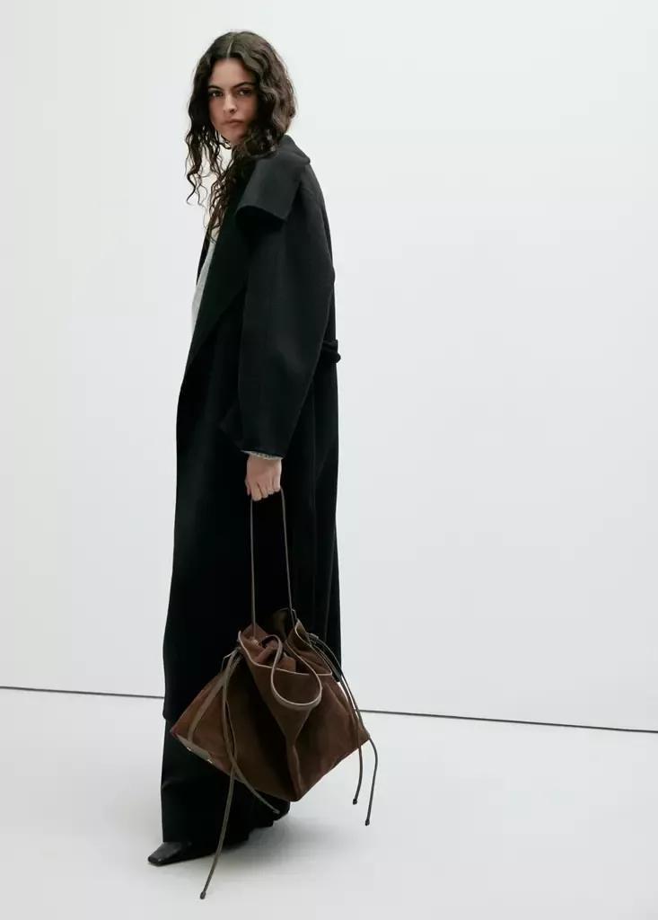 Black Handmade Wool Coat With Belt, Black, large image number 3