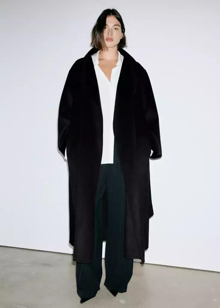 Black Handmade Wool Coat With Belt, Black, large image number 8