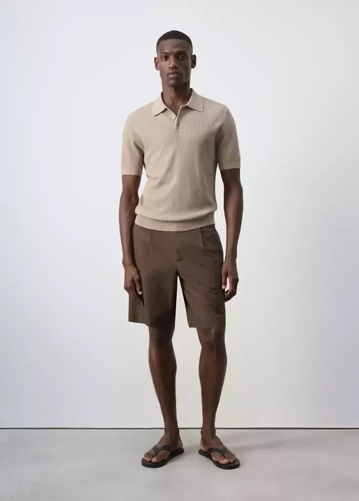 Beige Fine Rib-Knit Polo Shirt, Light Pastel Brown, medium