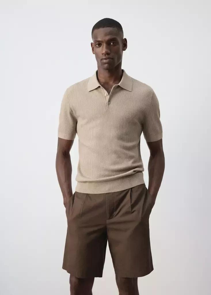 Beige Fine Rib-Knit Polo Shirt, Light Pastel Brown, medium