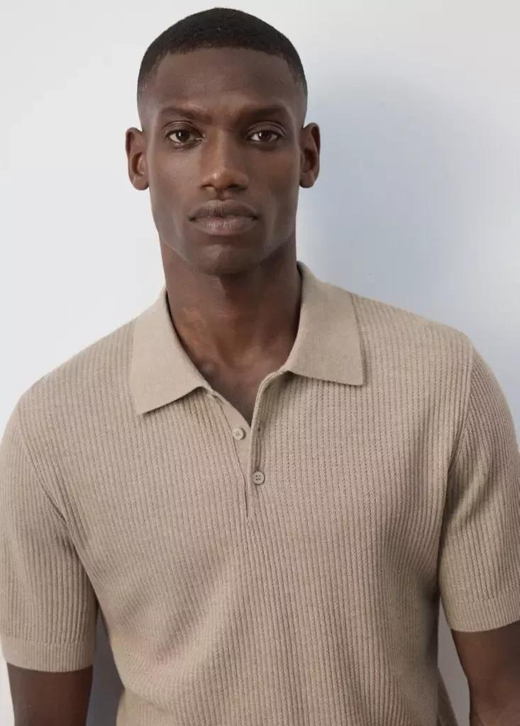 Beige Fine Rib-Knit Polo Shirt, Light Pastel Brown, large image number 3