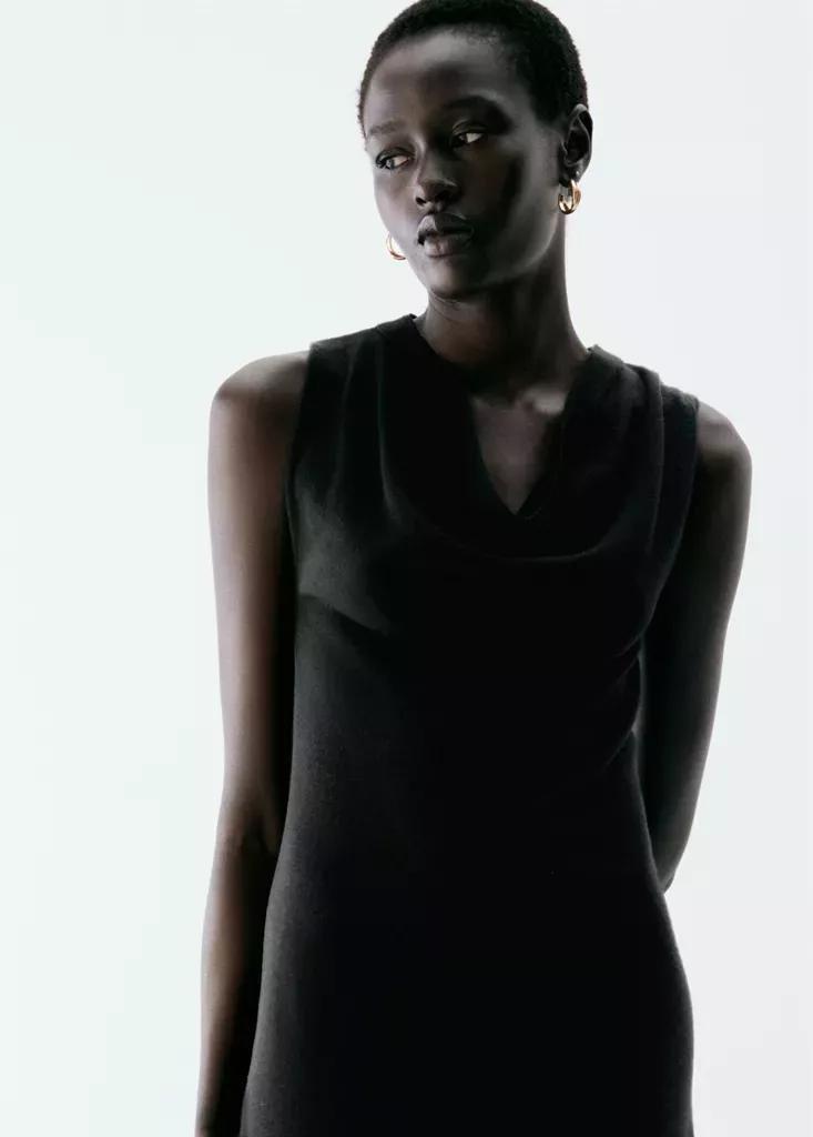 Black Draped Midi-Dress, Black, medium