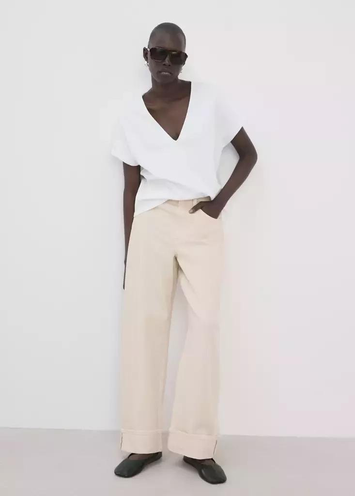 White V-Neck Cotton T-Shirt, White, medium