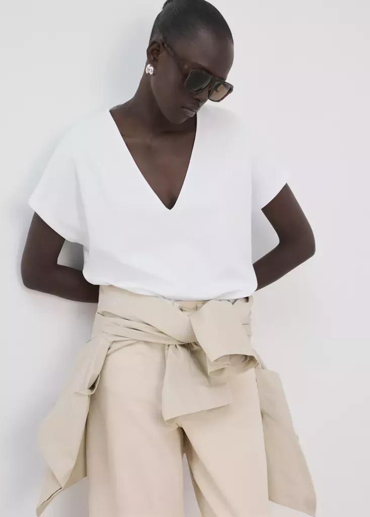 White V-Neck Cotton T-Shirt, White, large image number 1