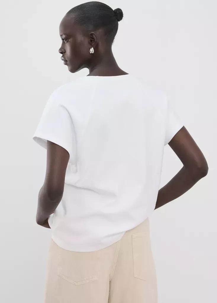 White V-Neck Cotton T-Shirt, White, medium