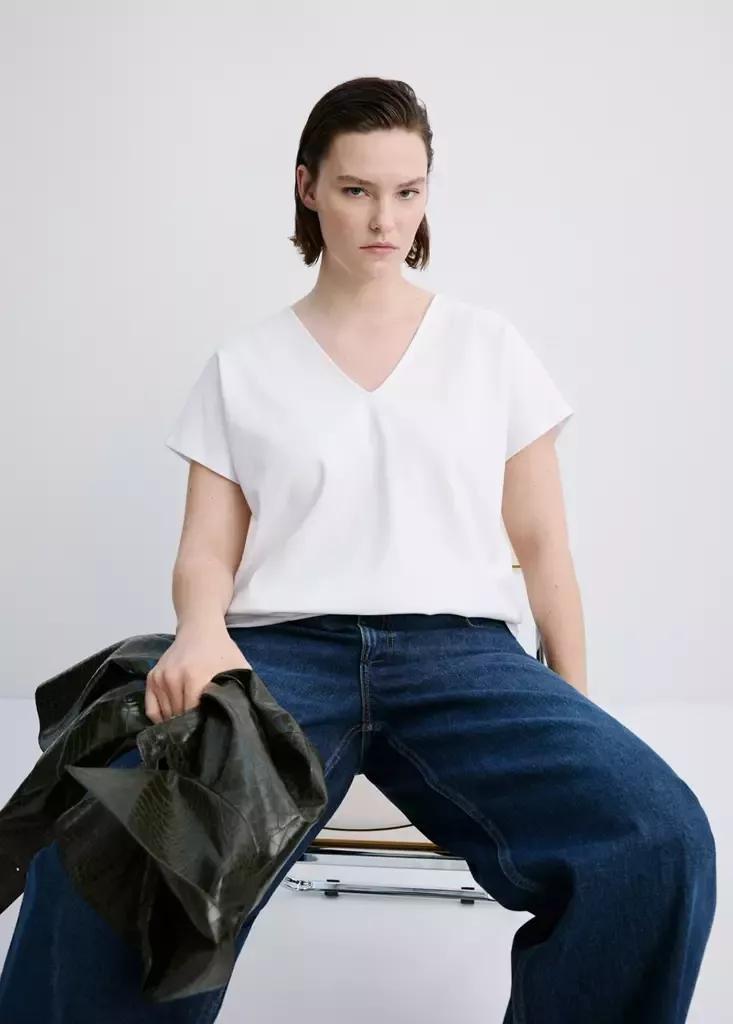 White V-Neck Cotton T-Shirt, White, large image number 8