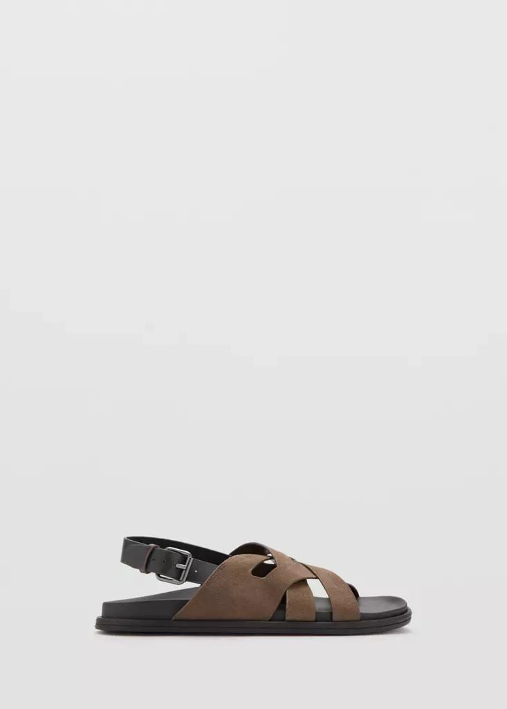 Brown Suede Leather Sandals With Crossed Straps, Medium Brown, medium