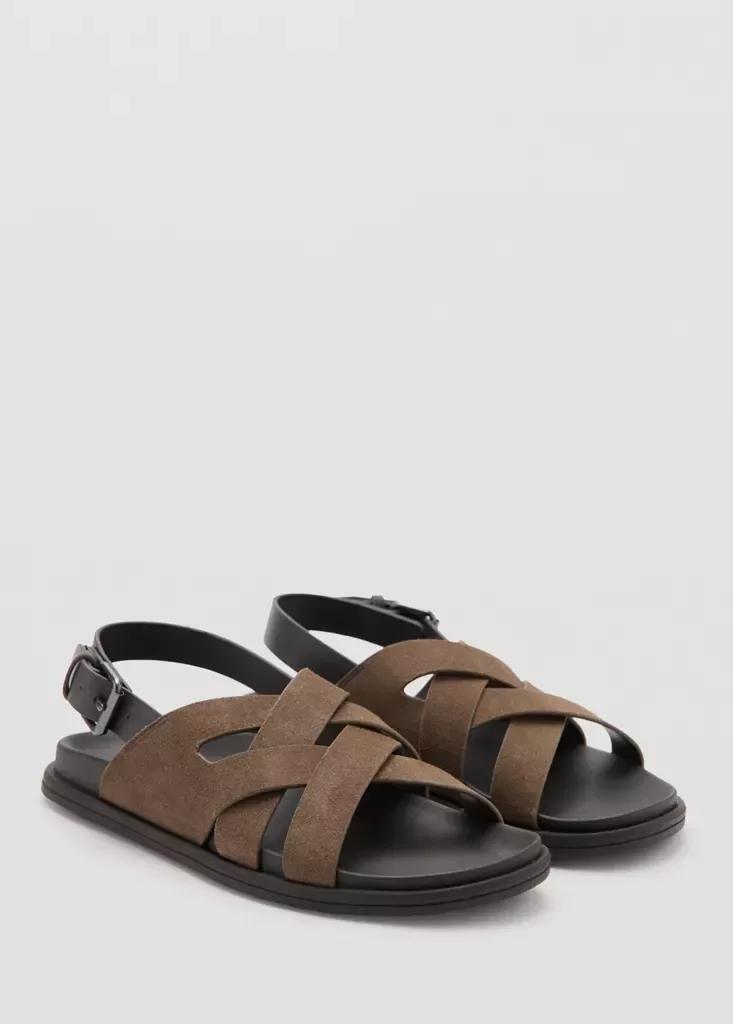 Brown Suede Leather Sandals With Crossed Straps, Medium Brown, large image number 1
