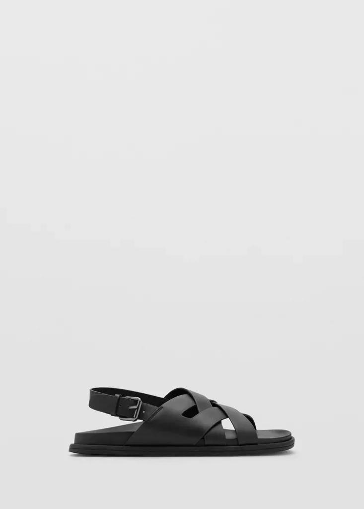 Black Cross-Strap Leather Sandals, Black, large image number 0