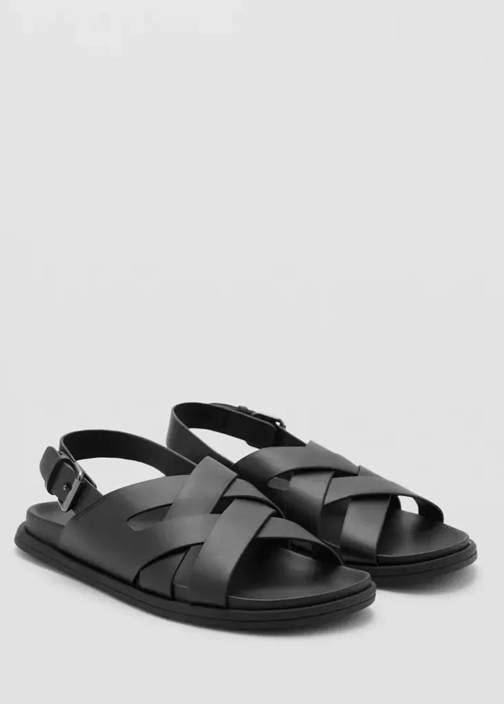 Black Cross-Strap Leather Sandals, Black, large image number 1