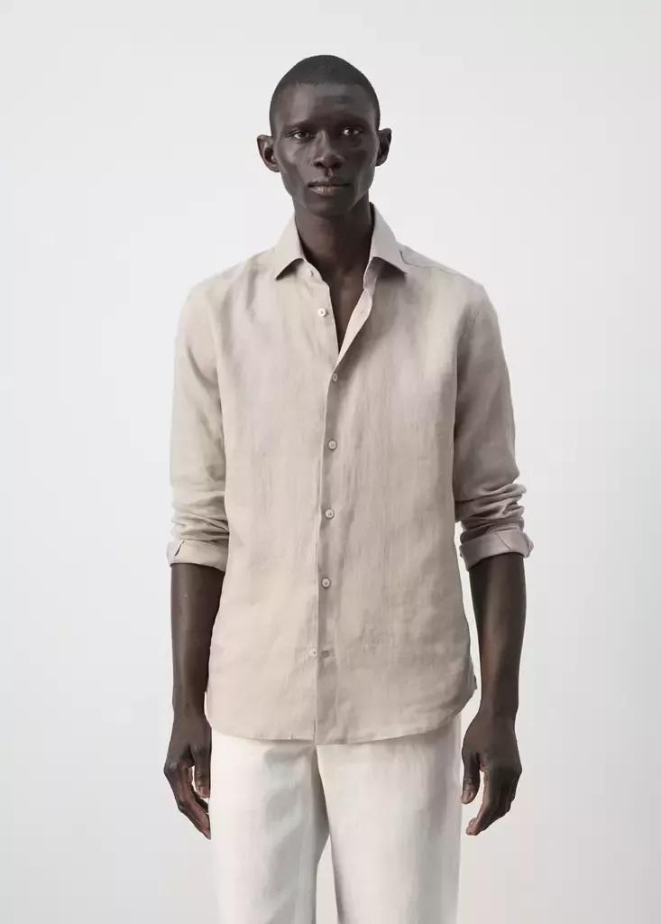 Brown Linen Slim-Fit Shirt, Light Pastel Brown, medium