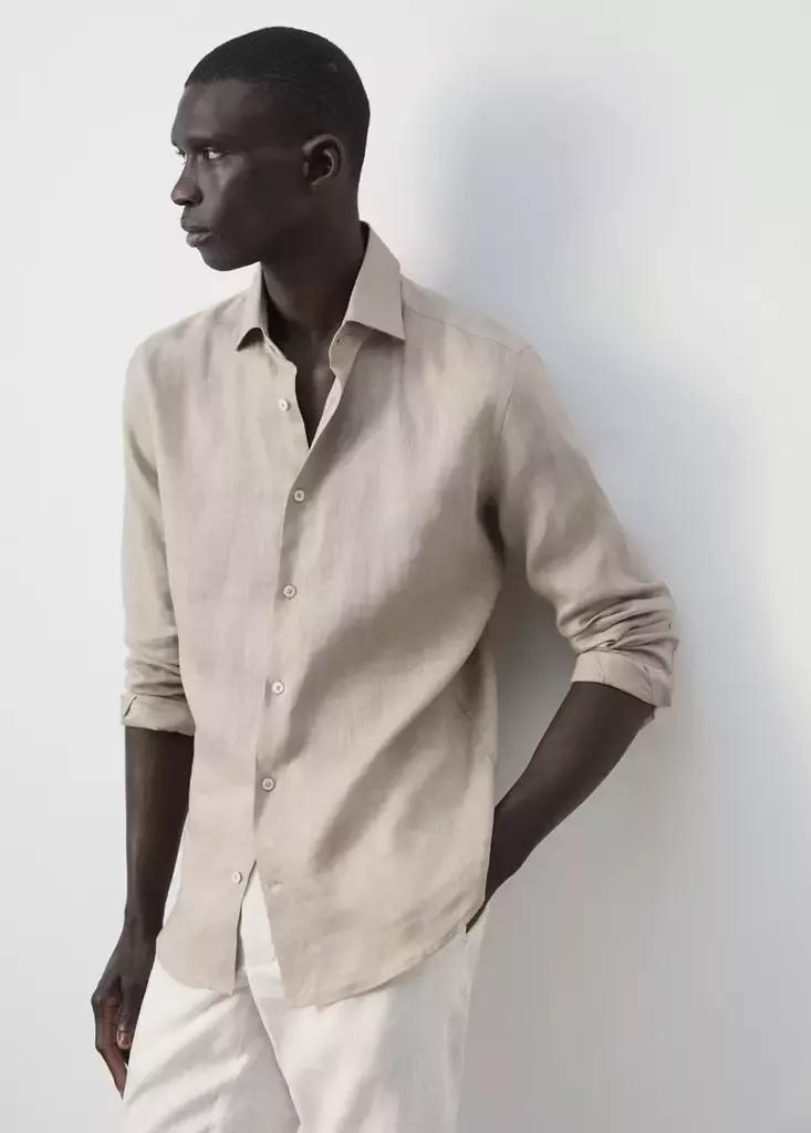 Brown Linen Slim-Fit Shirt, Light Pastel Brown, medium