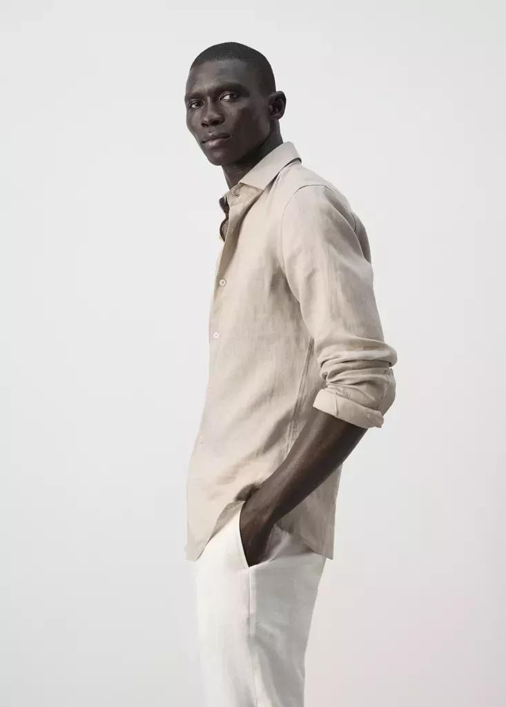 Brown Linen Slim-Fit Shirt, Light Pastel Brown, large image number 4