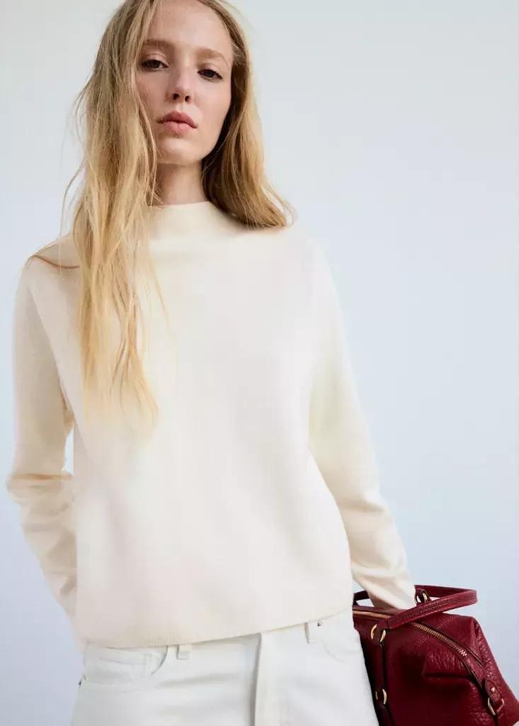Beige Knitted Sweater With Perkins Neck, , large image number 1
