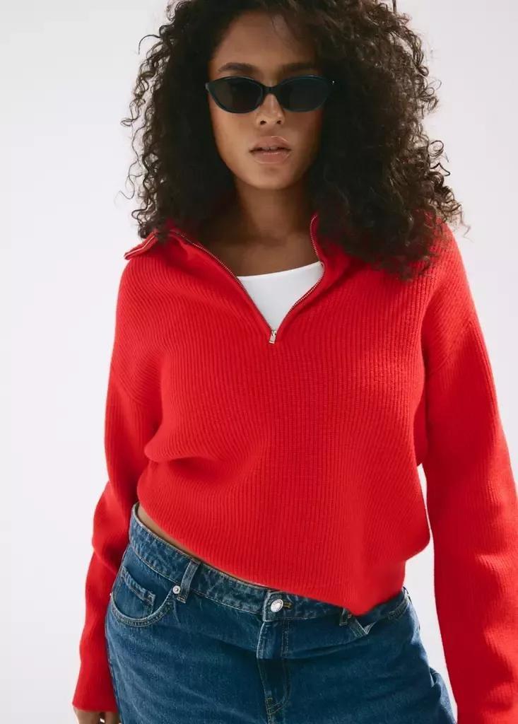 Red Ribbed Zip-Up Jumper, , large image number 9