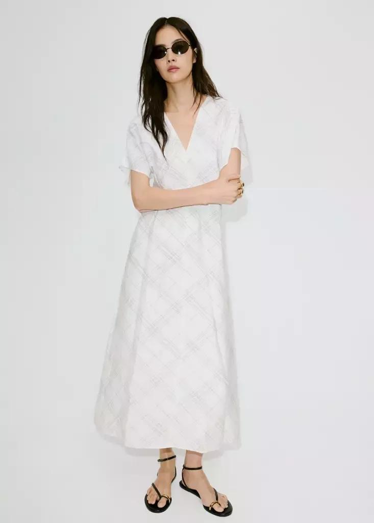 White Ruched V-Neck Dress, , medium