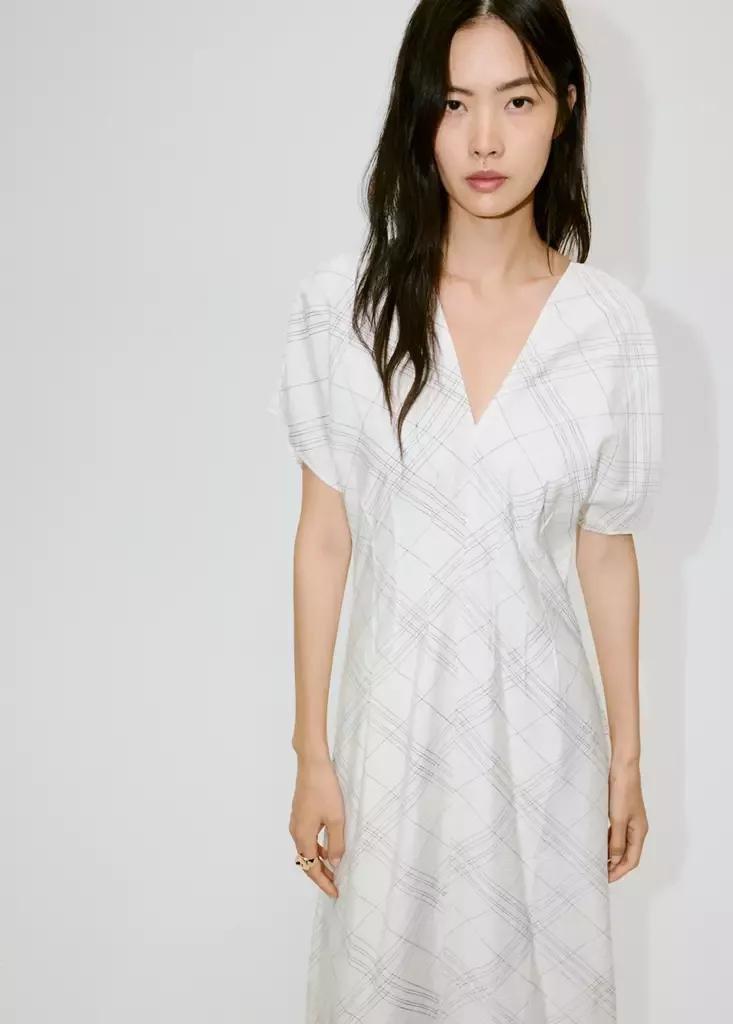 White Ruched V-Neck Dress, , medium