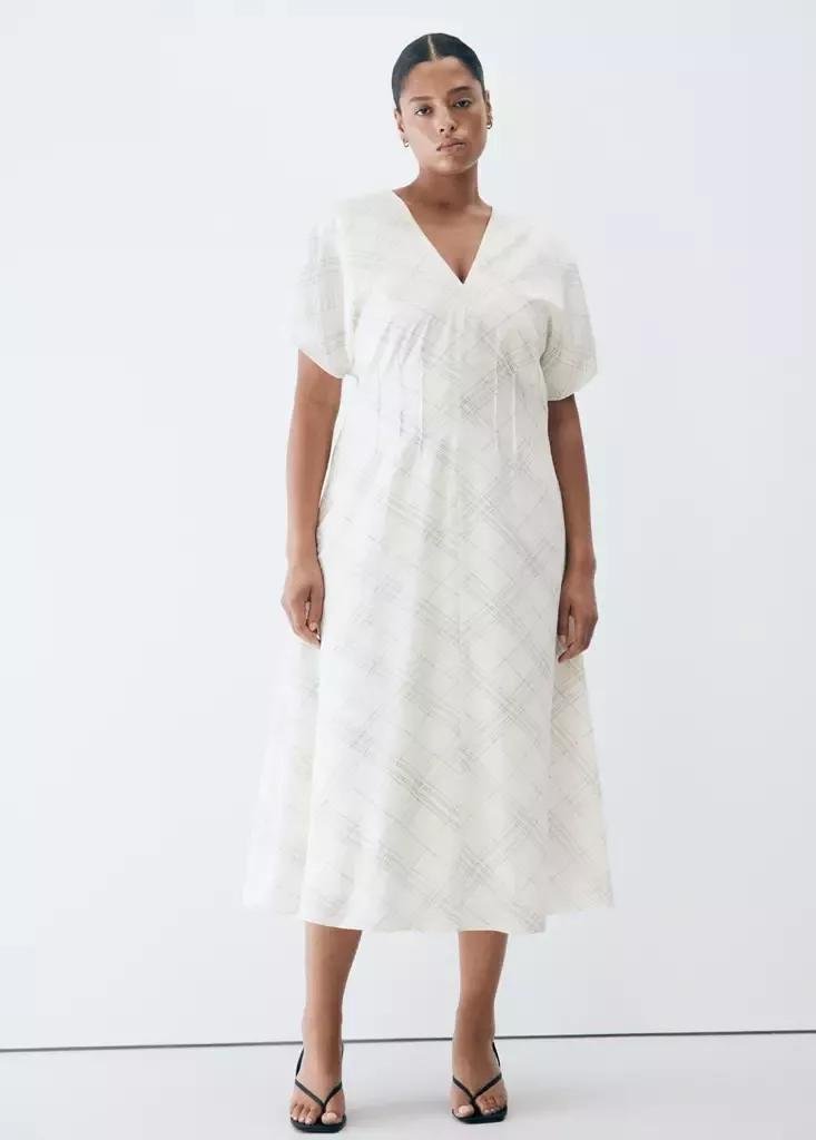 White Ruched V-Neck Dress, , large image number 8